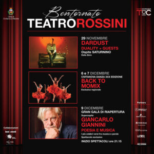 Locandina di Bentornato Teatro Rossini presa da: https://www.viverecivitanova.it/2023/11/28/bentornato-teatro-rossini-partenza-con-il-botto-con-dardust-e-saturnino/213823 